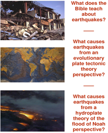 Images of damage from earthquakes and volcanoes and a map of the world