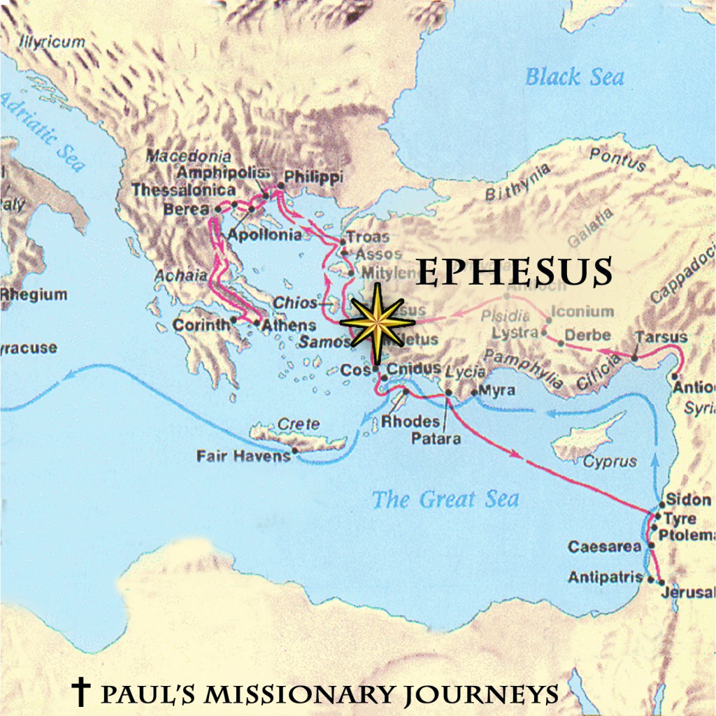 Map of Greece and modern day Turkey emphasizing the location of Ephesus